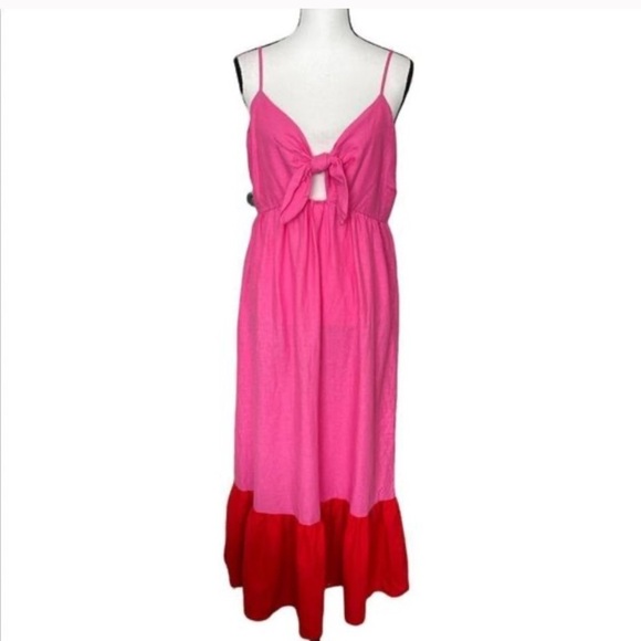 Tie-Front Midi pink & red linen Dress - Tabitha Brown boho spring bow maxi - Picture 2 of 9